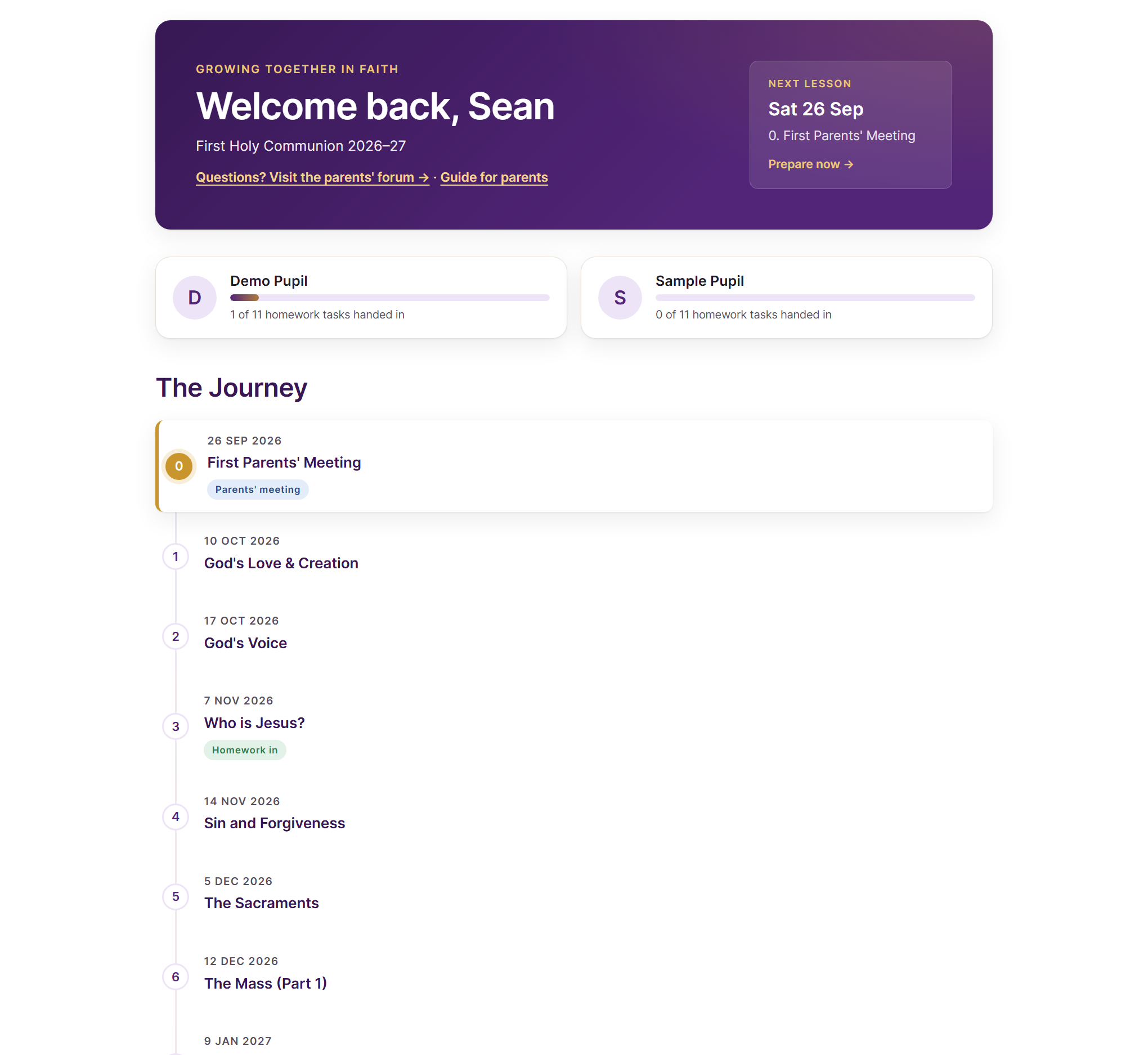 The family dashboard: your children, their progress, and every lesson date.