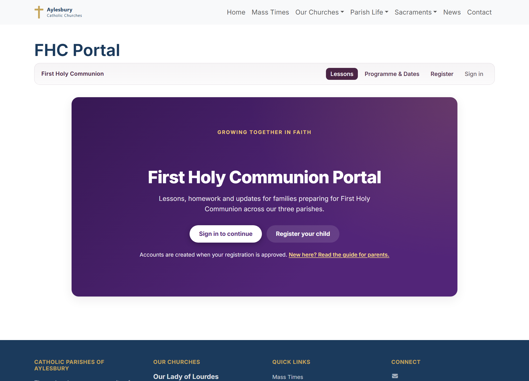 The portal before you sign in. The buttons take you to sign in or to the registration form.